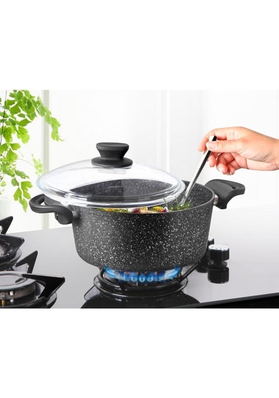 Diez 22 cm Granit Derin Tencere Siyah Cam Kapaklı Yapışmaz