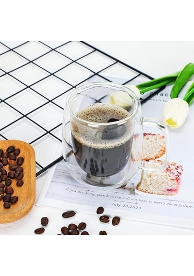 2 Adet Çift Cidarlı İki Katmanlı Borosilikat Cam Bardak, Yalıtımlı Cappuccino Latte Kahve Kupası, Şık Ve Dayanıklı Tasarım, Isıya Dayanıklı,termisil Kupa 300 Ml 6998