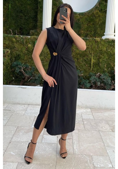Madmext Siyah Bronşlu Midi Boy Kadın Elbise Mg2418 Siyah