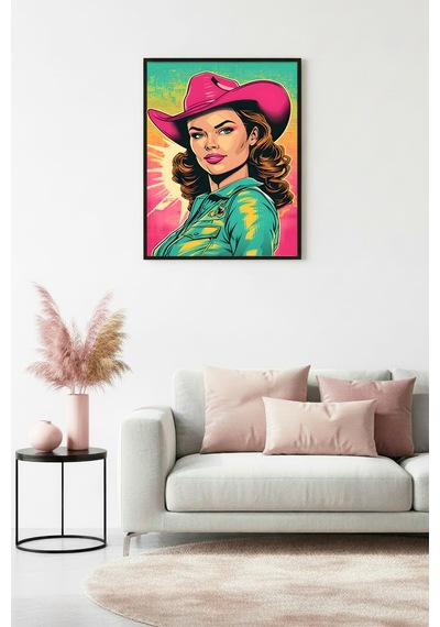 Doğal Ahşap Çerçeveli Pop Art Portre Tablo - Retro Pembe-turkuaz Huhu1778