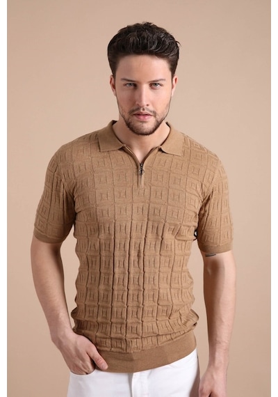 Ferraro Camel Polo Yaka Fermuarlı Erkek Pamuk Triko T-Shirt-Kahverengi (490417687) Kahverengi