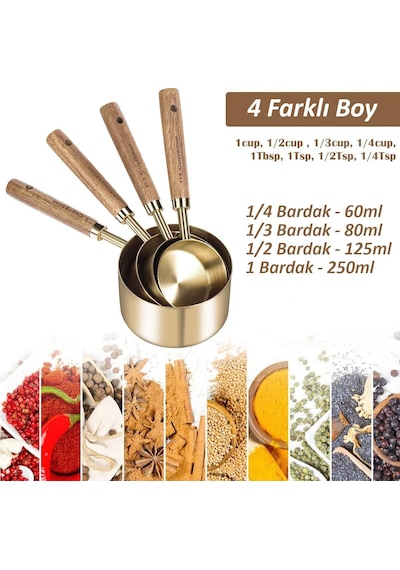 Valkyrie 4 Adet Büyük Boy Paslanmaz Çelik Ahşap Saplı Ölçü Kaşığı Seti Ölçü Kabı 60ml 80ml 125ml 250ml Altın