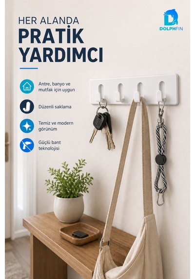 4 Kancalı Yapışkanlı Duvar Askılığı Delmeden Montaj Beyaz
