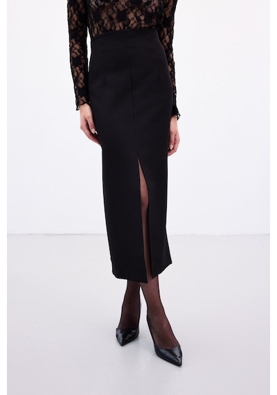 Sateen Yırtmaçlı Midi Etek - Siyah-136986 Siyah