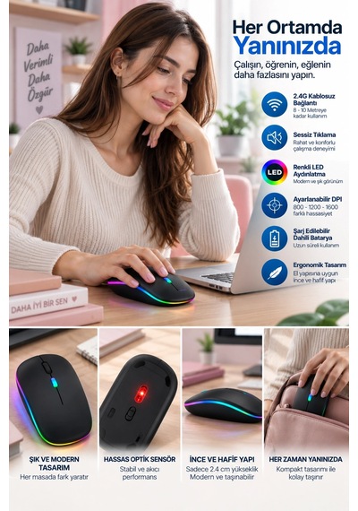 İnce Ergonomik Tasarım 2.4g Kablosuz Led Mouse