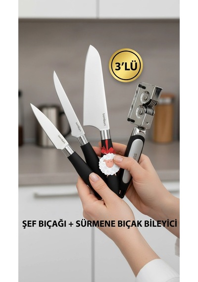 Nishev Mastercut 3'lü Şef Bıçağı Seti Sürmene Bıçak Bileyici / Kurban Bayramına Özel Set Renkli
