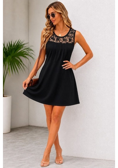 Aesco Kadın Askılı Yuvarlak Yakalı Dantelli Kısa Viskon Elbise Siyah