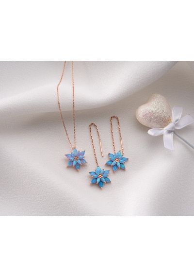 925 Ayar Turkuaz Opal Küpe Kolye Set Opal Takım Manolya Set.rose.gold.rodaj Opal Gümüş