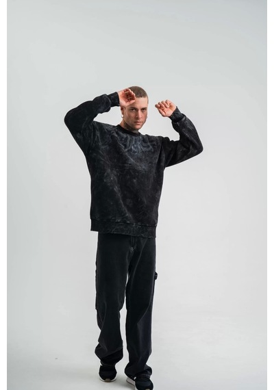 Unisex Uzun Kol Bisiklet Yaka Yıkamalı Sweatshirt - Siyah