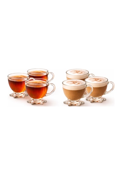 6 Lı Cam Çay Fincanı Seti 210 Ml Yıldız Ayaklı Kendinden Desenli Kulplu Çay,kahve Fincanı Takımı Şeffaf