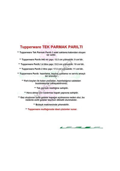 Tupperware Tek Parmak Parıltı Set Buzdolabı Saklama Kabı Hsgl