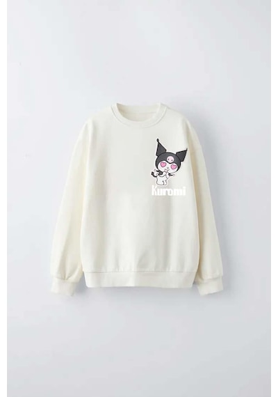 Kız Çocuk Kuromi Modelli Bisiklet Yaka Pamuk Sweat Krem