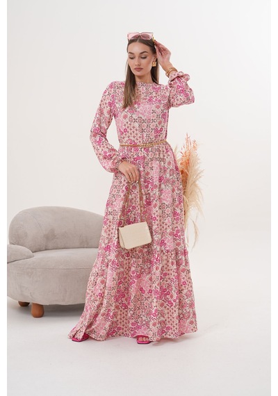 Polologin Butik Çiçekli Viskon Elbise Pembe