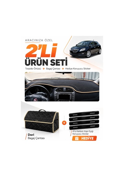 E-biz Lancia Delta 2008-2014 Uyumlu Torpido Örtüsü + Deri Bagaj Çantası Seti - Siyah-bej - Ln001
