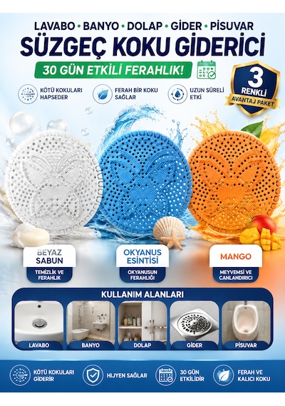 Mango Beyaz Sabun Ve Okyanus Kokulu 3 Adet Lavabo Banyo Dolap Gider Pisuvar Süzgeci Çekmece Koku Giderici