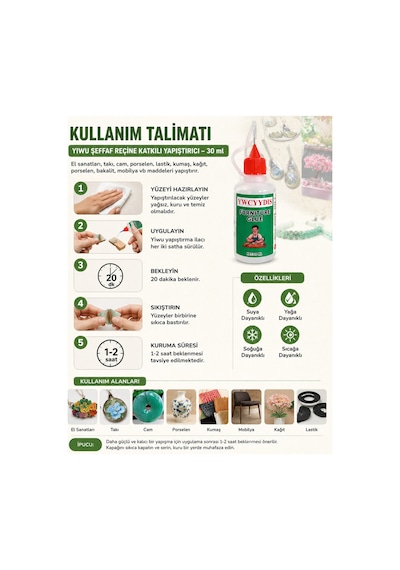 Yıwu El Sanatları, Porselen, Cam, Takı Ve Daha Fazlası İçin Şeffaf Reçine Katkılı Yapıştırıcı 30 Ml