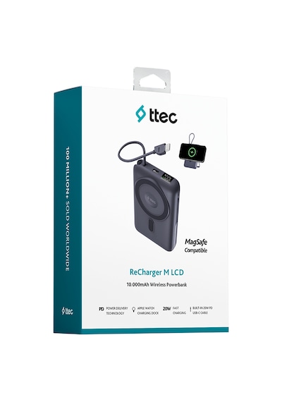Ttec Recharger M Lcd 10.000mah Magsafe Uyumlu Pd 20w Usb-c Dahili Kablolu Stantlı Taşınabilir Hızlı Siyah
