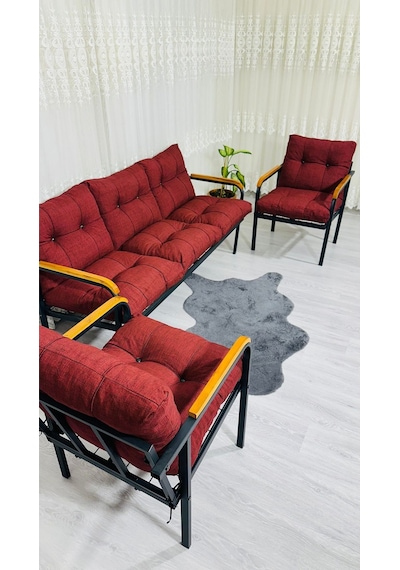 Madame Home Defne Balkon, Bahçe, Cafe - Metal Kanepe Koltuk Takımı - 3+1+1 Bordo