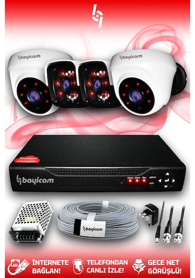 Bayicam 4 Kameralı Panda 2 İç Kamera Set HDD'siz Full HD Gece Görüşlü Güvenlik Kamerası Sistemi