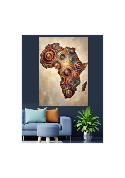 Renkli Desenli Afrika Kıtası Haritası Yağlı Boya Dokulu Kanvas Tablo Canvas Tablosu