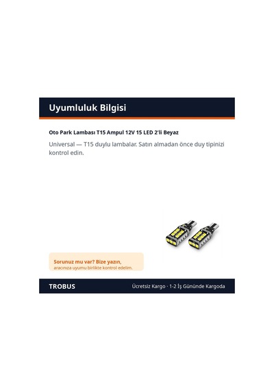 Trobus Oto Park Lambası T15 Ampul 12v 15 Led 2'li Beyaz