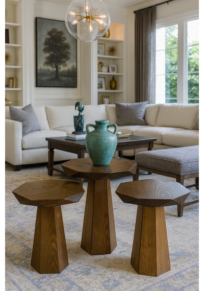 Ahşap Mantar Sehpa 3 Lü Set Ceviz Renk Doğal Zigon Ve Fiskos Takımı - Coffee Table Ceviz