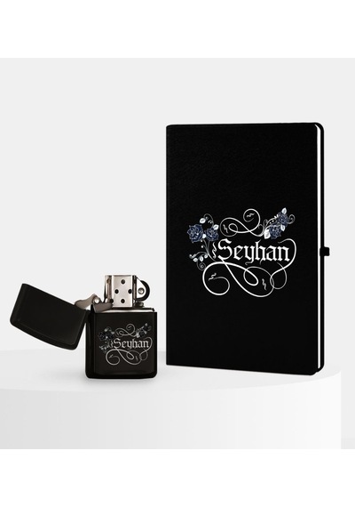 Kişiye Özel İsimli Siyah Defter ve Benzinli Çakmak Seti - 6 Siyah