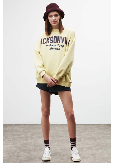 ETHIQUET RA ONA Kadın Oversize Yumuşacık İçi Polarlı Organik Pamuklu Baskılı Yuvarlak Yakalı Sarı Sweatshirt