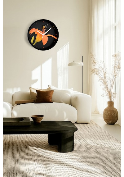 Zambak Çiçek Tasarım Modern Duvar Saati - 25cm - Önü Camlı Siyah Kasa - Sessiz Mekanizma-jh0681 Siyah