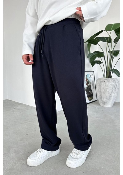 Lacivert Beli Lastikli Gabardin Baggy Pantolon Lacivert