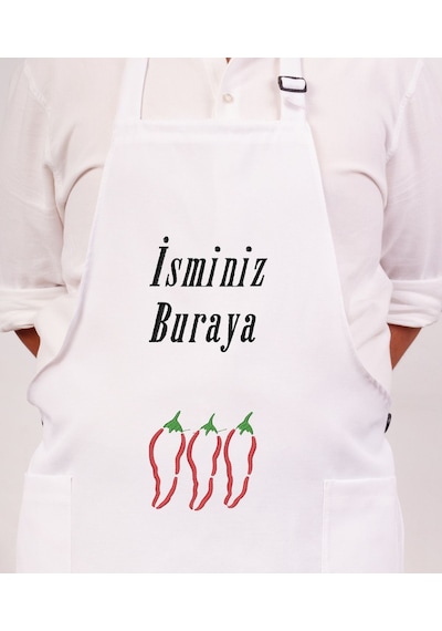 Mutfak Önlüğü Kişiye Ve İsme Özel Nakışlı Mutfak Önlüğü Biber01 Farklı Renkler Beyaz