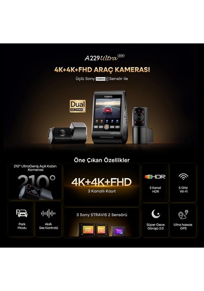 A229 Ultra 3 Kameralı Ön+arka+iç 4k+4k+1080p Hdr Sony Starvıs 2 Sensörlü Wi-fi 6 Gps'li Araç Kamerası