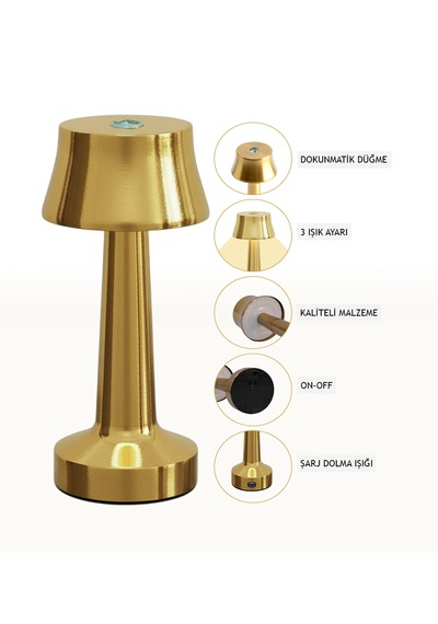 Zenlight Metal Dokunmatik Şarjlı Masa Lambası Altın