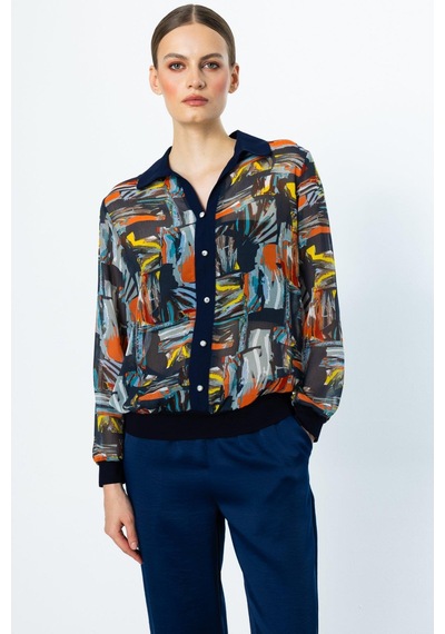 On Fashion Bluz Renkli Desenli Düğmeli Lacivert