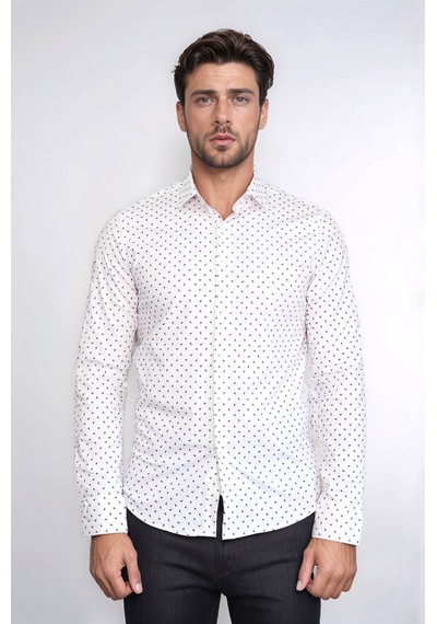 Minimal Bordo Motifli Beyaz Erkek Gömlek Wessi Beyaz