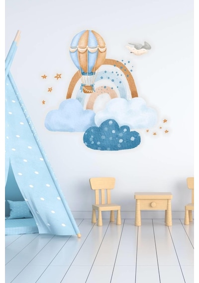 MSticker Sevimli Bulutlar Gökkuşağı Ve Uçan Balon Mavi Çocuk Odası Sticker