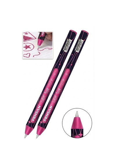Pembe Simli Tükenmez Kalem 2 Adet Pensan Jely Simli Pilot Kalem Ergonomik Tutuş Yumuşak Yazım Siyah Defter Renkli