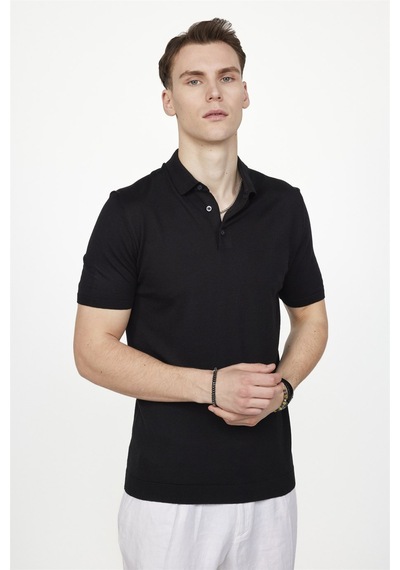 Tudors Erkek Slim Fit Dar Kesim Pamuklu Örme Triko Siyah Polo Yaka Tişört-27267-Siyah