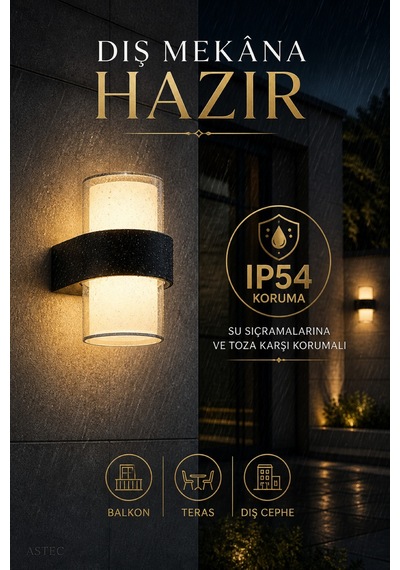 Astec Dairesel 12w Led Duvar Aplik 3200k Gün Işığı Siyah İç Dış Mekan Balkon Bahçe 220 Volt Elektrikli