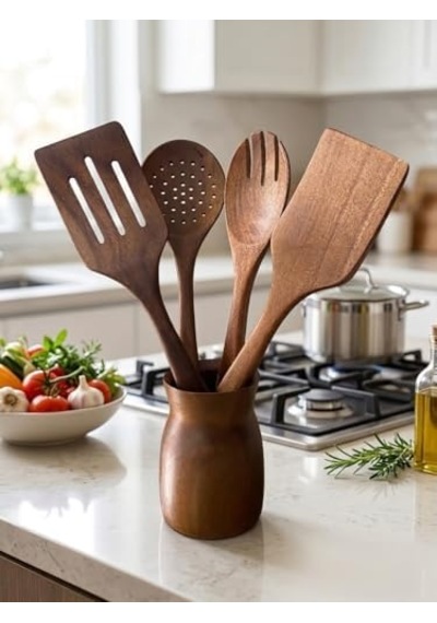 Premium Akasya Ağacı Mutfak Gereçleri Seti - 4 Parça Kaşık/spatula Seti Ve Şık Ahşap Tutucu - Gıdayla Temasa Uygun, Doğal Ve Antibakteriyel - Mutfak İçin Ergonomik Tasarım 0