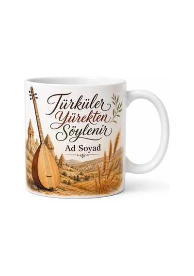 Türkü Dinleyenlere Toprak Kokusu Anadolu Hasreti Bağlama Sesi Kupa Hediye Bardak Beyaz / Çok Renkli