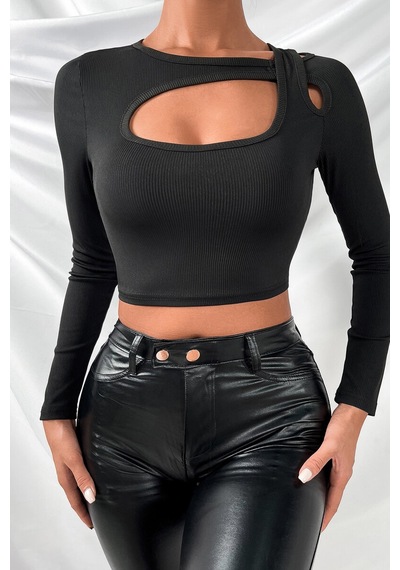Kadın Siyah Göğüs Dekolteli Çapraz Askılı Uzun Kollu Crop Top Bluz