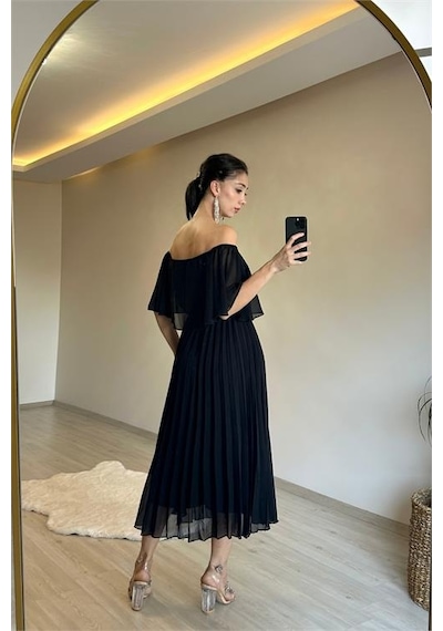 Neşeli Butik Kadın Omzu Açık Piliseli Midi Şifon Elbise Nm006 Siyah