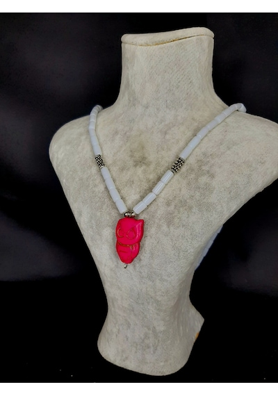 Mryart Baykuş Figürlü Doğal Taş Kolye Pembe Sembol El Yapımı Özel Tasarım Beyaz - Pembe