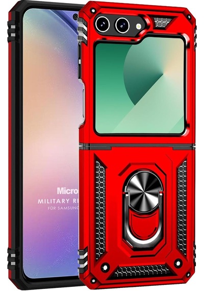 Microsonic Samsung Galaxy Uyumlu Z Flip 7 Fe Kılıf Military Ring Holder Kırmızı -