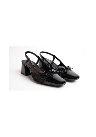 Assortie Siyah File Detaylı Rugan Slingback Topuklu Ayakkabı Siyah Rugan