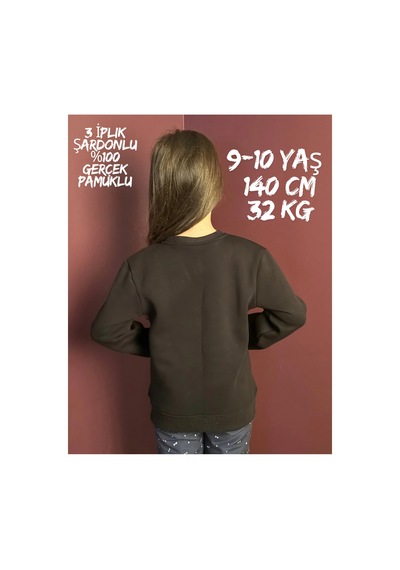 Pxm 3 Iplik Şardonlu Premium Kumaş Düz Çocuk Sweatshirt Haki Haki Yeşil Haki Yeşil