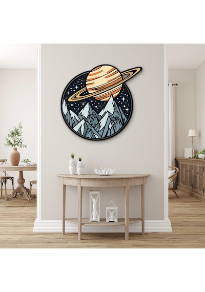 Satürn Ve Dağlar Rozeti - Metal Tablo - Dec0191 40 X 38 Cm Çok Renkli