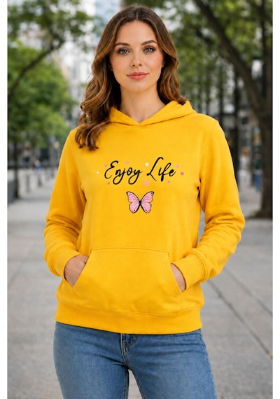 Herkesemoda Enjoy Life Baskılı Kapüşonlu 2 İplik Şardonlu Sweatshirt Sarı
