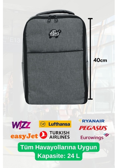 Jet Turtle Seyahat Sırt Çantası 40cm 40x25x15 Cm Pegasus, Wizz Air, Ryanair, El Valizi Koltuk Altı Valizi Gri